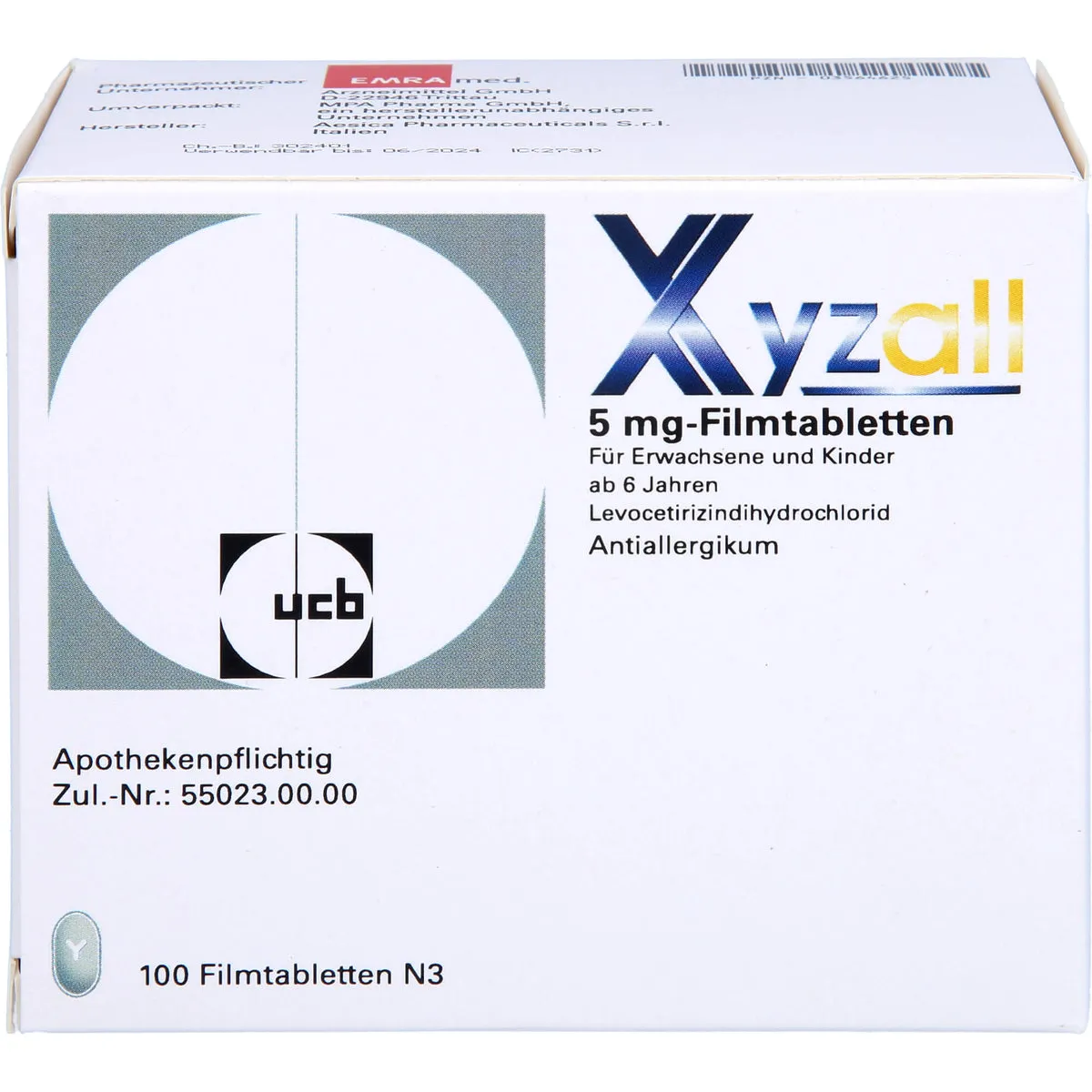 Xyzall 5 mg Emra Filmtabletten bei Allergien, 100 St. Tabletten